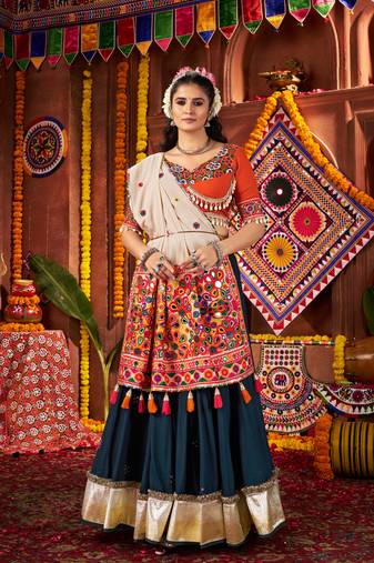 TEAL THREAD MIRROR EMBROIDERED VISCOSE NAVRATRI special STITCHED LEHENGA CHOLI
