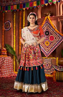 TEAL THREAD MIRROR EMBROIDERED VISCOSE NAVRATRI special STITCHED LEHENGA CHOLI 1