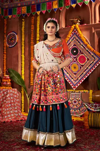 TEAL THREAD MIRROR EMBROIDERED VISCOSE NAVRATRI special STITCHED LEHENGA CHOLI