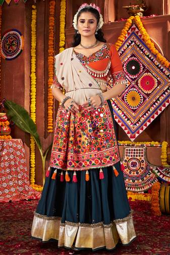 TEAL THREAD MIRROR EMBROIDERED VISCOSE NAVRATRI special STITCHED LEHENGA CHOLI