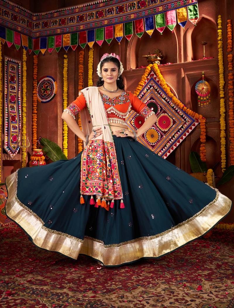 TEAL THREAD MIRROR EMBROIDERED VISCOSE NAVRATRI special STITCHED LEHENGA CHOLI