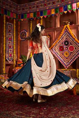 TEAL THREAD MIRROR EMBROIDERED VISCOSE NAVRATRI special STITCHED LEHENGA CHOLI 5