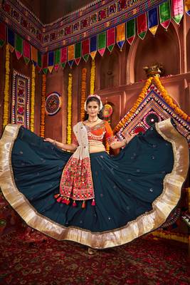 TEAL THREAD MIRROR EMBROIDERED VISCOSE NAVRATRI special STITCHED LEHENGA CHOLI 6
