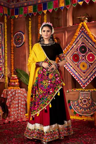 MULTICOLOR THREAD MIRROR EMBROIDERED VISCOSE NAVRATRI special STITCHED LEHENGA CHOLI