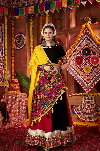 MULTICOLOR THREAD MIRROR EMBROIDERED VISCOSE NAVRATRI special STITCHED LEHENGA CHOLI