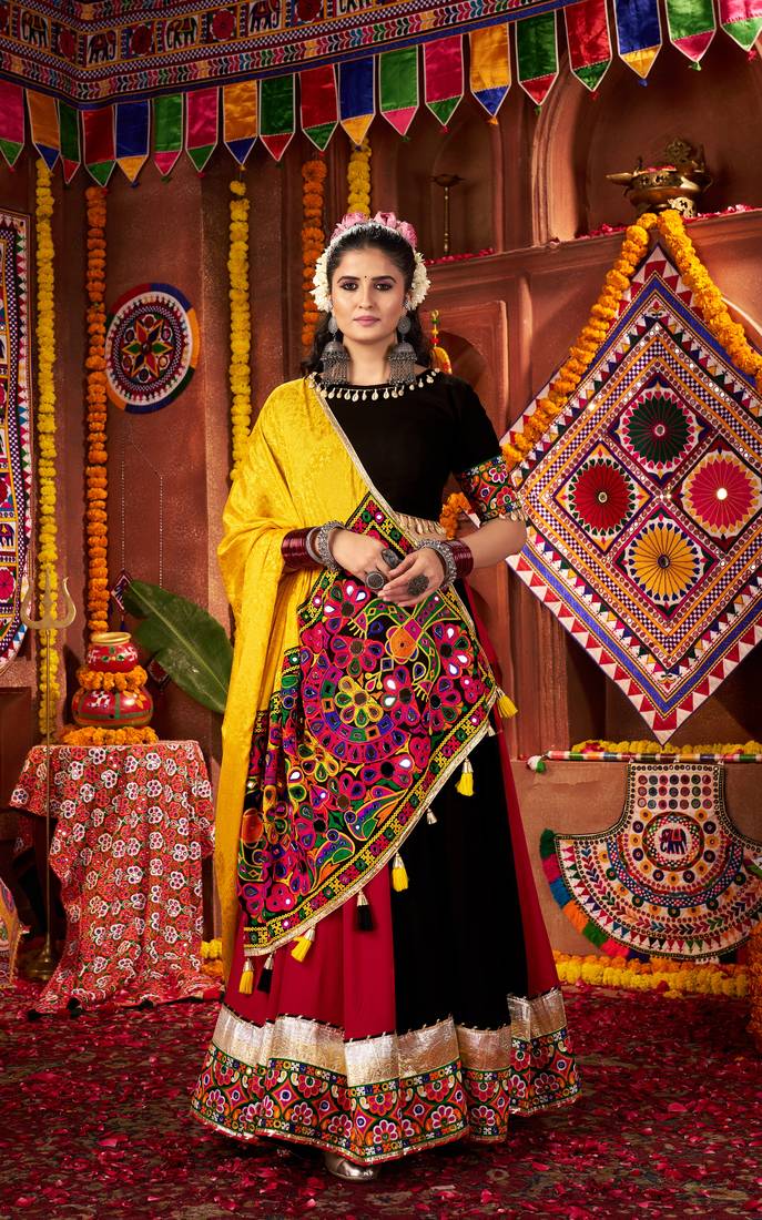 MULTICOLOR THREAD MIRROR EMBROIDERED VISCOSE NAVRATRI special STITCHED LEHENGA CHOLI