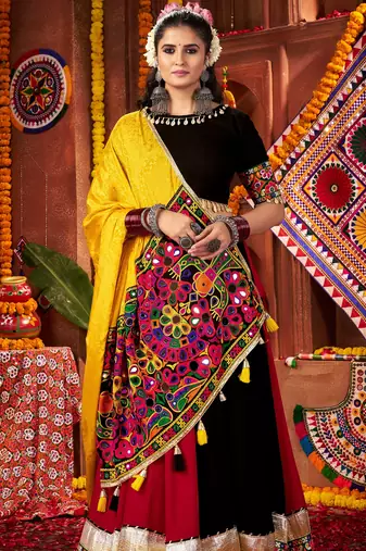MULTICOLOR THREAD MIRROR EMBROIDERED VISCOSE NAVRATRI special STITCHED LEHENGA CHOLI