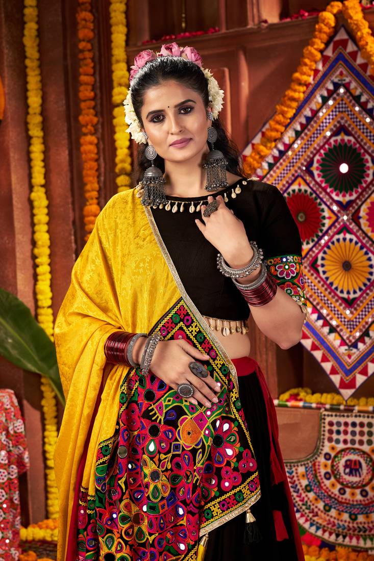MULTICOLOR THREAD MIRROR EMBROIDERED VISCOSE NAVRATRI special STITCHED LEHENGA CHOLI