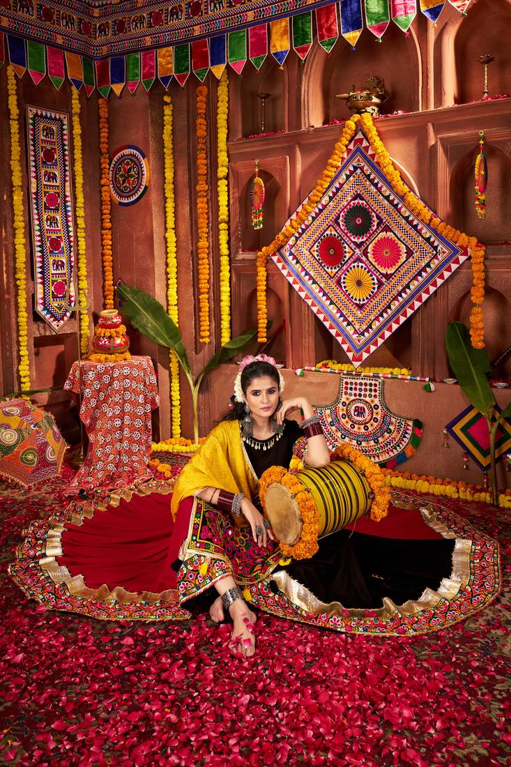 MULTICOLOR THREAD MIRROR EMBROIDERED VISCOSE NAVRATRI special STITCHED LEHENGA CHOLI