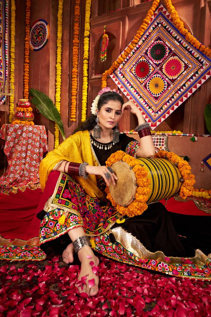 MULTICOLOR THREAD MIRROR EMBROIDERED VISCOSE NAVRATRI special STITCHED LEHENGA CHOLI