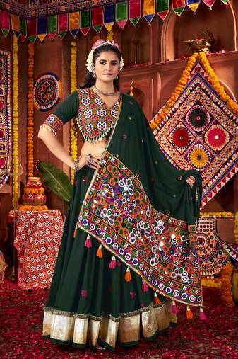 GREEN THREAD MIRROR EMBROIDERED VISCOSE NAVRATRI special STITCHED LEHENGA CHOLI