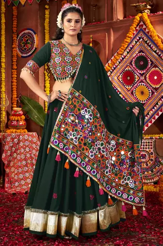 GREEN THREAD MIRROR EMBROIDERED VISCOSE NAVRATRI special STITCHED LEHENGA CHOLI