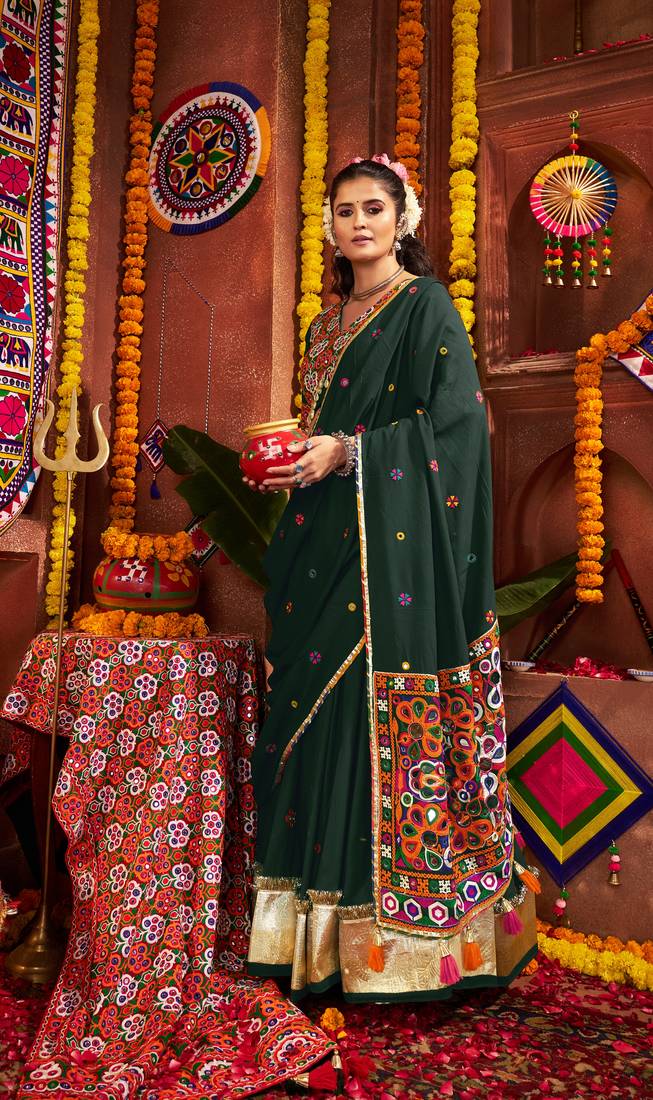 GREEN THREAD MIRROR EMBROIDERED VISCOSE NAVRATRI special STITCHED LEHENGA CHOLI