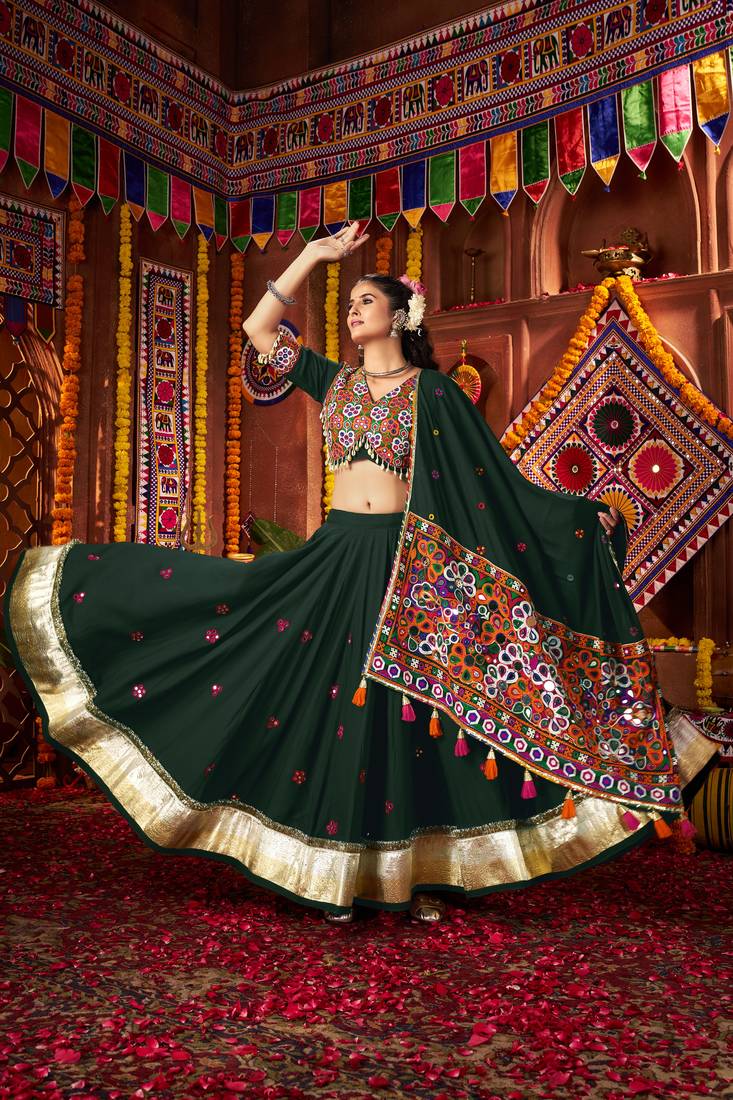 GREEN THREAD MIRROR EMBROIDERED VISCOSE NAVRATRI special STITCHED LEHENGA CHOLI
