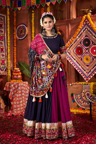 Maroon and Navy Blue Navratri Lehenga Choli with Kutch Mirror Work Garba Dress for Women