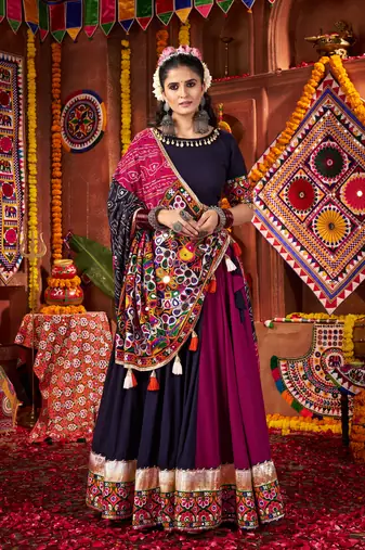 Maroon and Navy Blue Navratri Lehenga Choli with Kutch Mirror Work Garba Dress for Women
