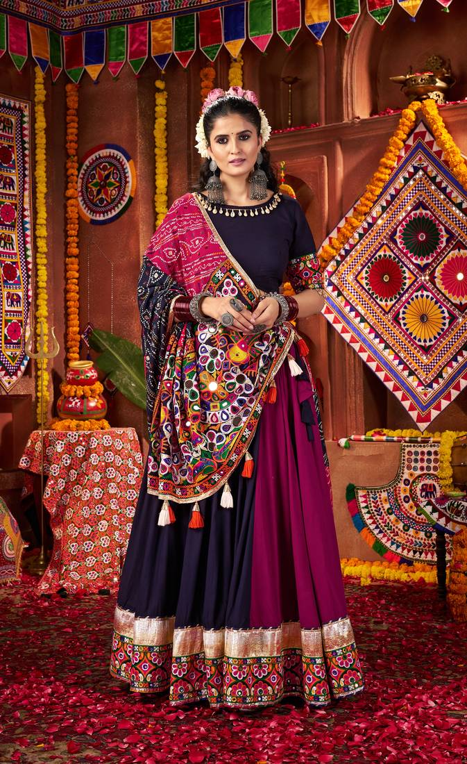 Maroon and Navy Blue Navratri Lehenga Choli with Kutch Mirror Work Garba Dress for Women