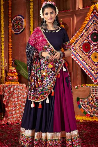 NAVY BLUE WINE THREAD MIRROR EMBROIDERED VISCOSE NAVRATRI special STITCHED LEHENGA CHOLI
