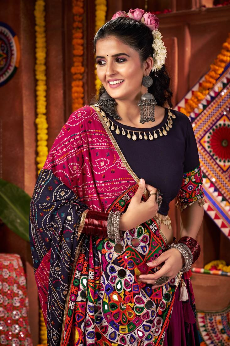 Maroon and Navy Blue Navratri Lehenga Choli with Kutch Mirror Work Garba Dress for Women