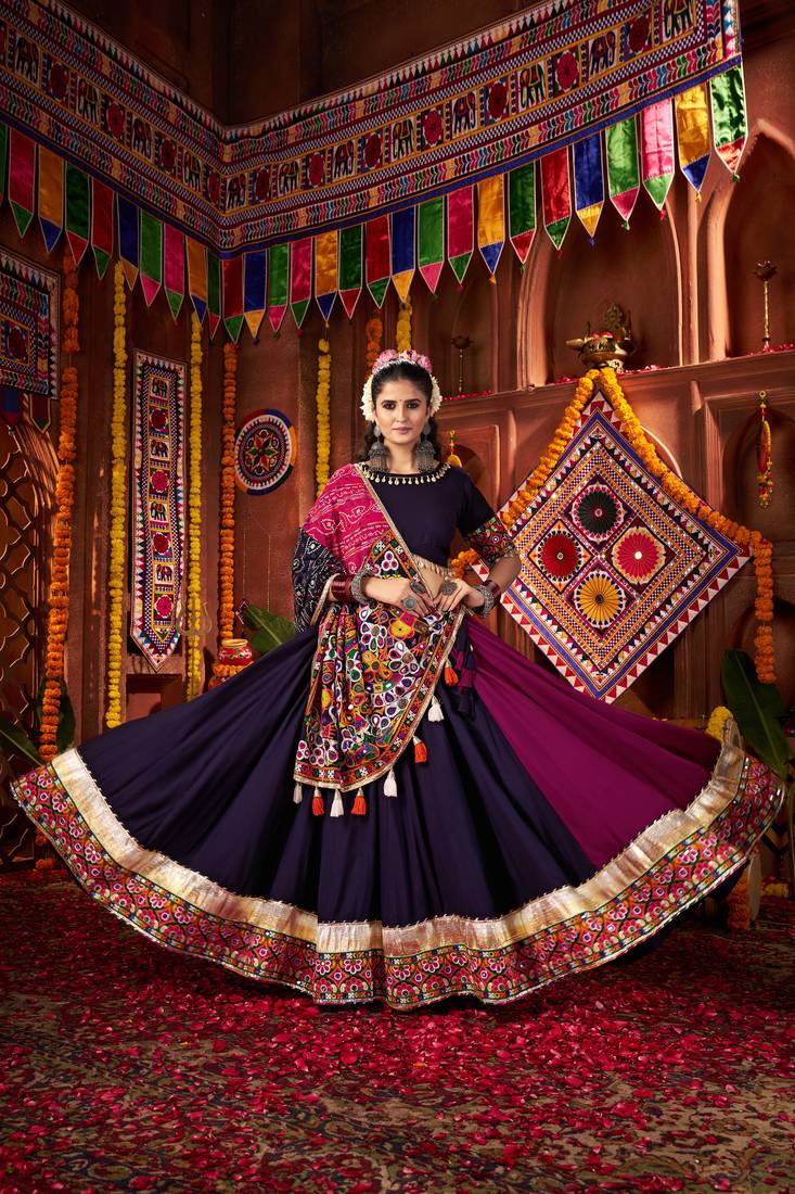Maroon and Navy Blue Navratri Lehenga Choli with Kutch Mirror Work Garba Dress for Women
