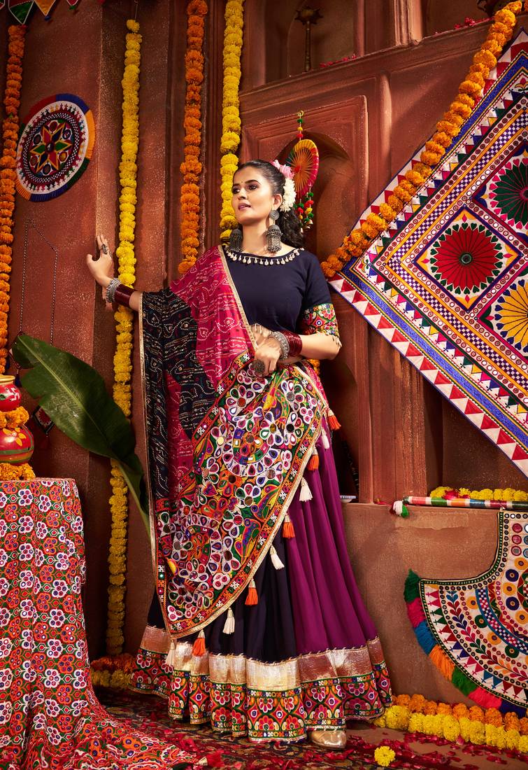 Maroon and Navy Blue Navratri Lehenga Choli with Kutch Mirror Work Garba Dress for Women
