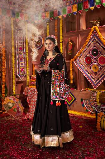BLACK THREAD MIRROR EMBROIDERED VISCOSE NAVRATRI special STITCHED LEHENGA CHOLI