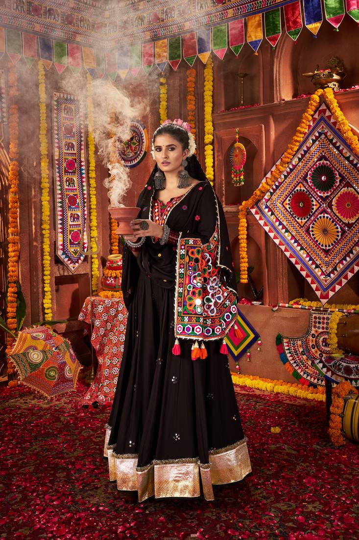 BLACK THREAD MIRROR EMBROIDERED VISCOSE NAVRATRI special STITCHED LEHENGA CHOLI