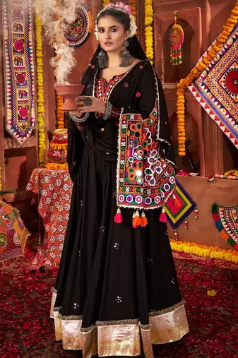 BLACK THREAD MIRROR EMBROIDERED VISCOSE NAVRATRI special STITCHED LEHENGA CHOLI