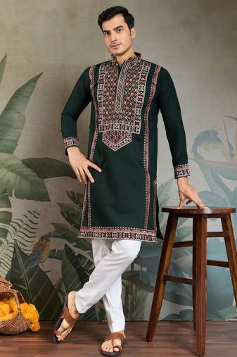 Green viscose silk thead with sequins embroidered work wedding function festival party wear straight kurta