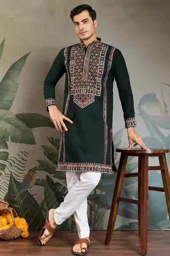 Green viscose silk thead with sequins embroidered work wedding function festival party wear straight kurta
