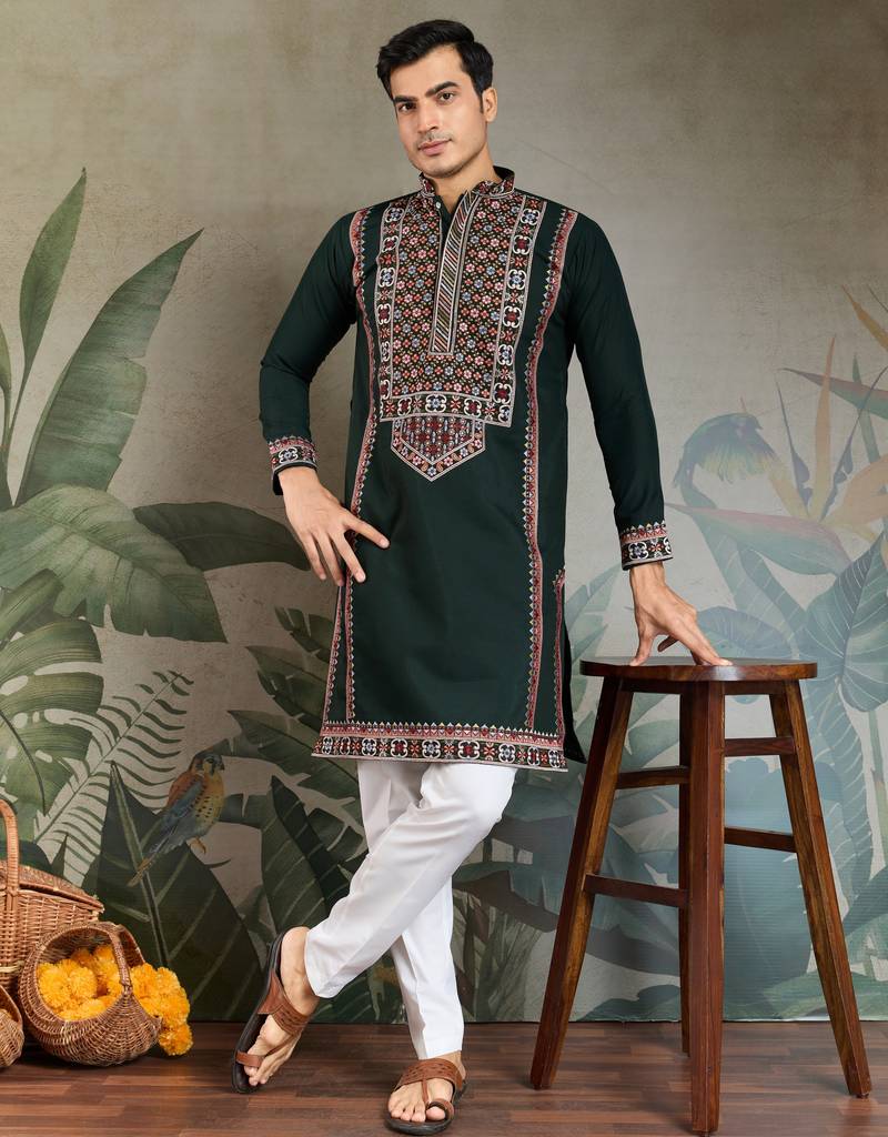 Green viscose silk thead with sequins embroidered work wedding function festival party wear straight kurta
