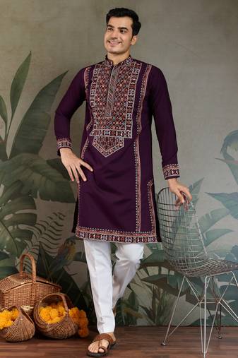Purple viscose silk thead with sequins embroidered work wedding function festival party wear straight kurta