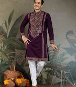 Purple viscose silk thead with sequins embroidered work wedding function festival party wear straight kurta