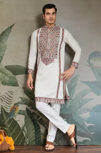 White viscose silk thead with sequins embroidered work wedding function festival party wear straight kurta