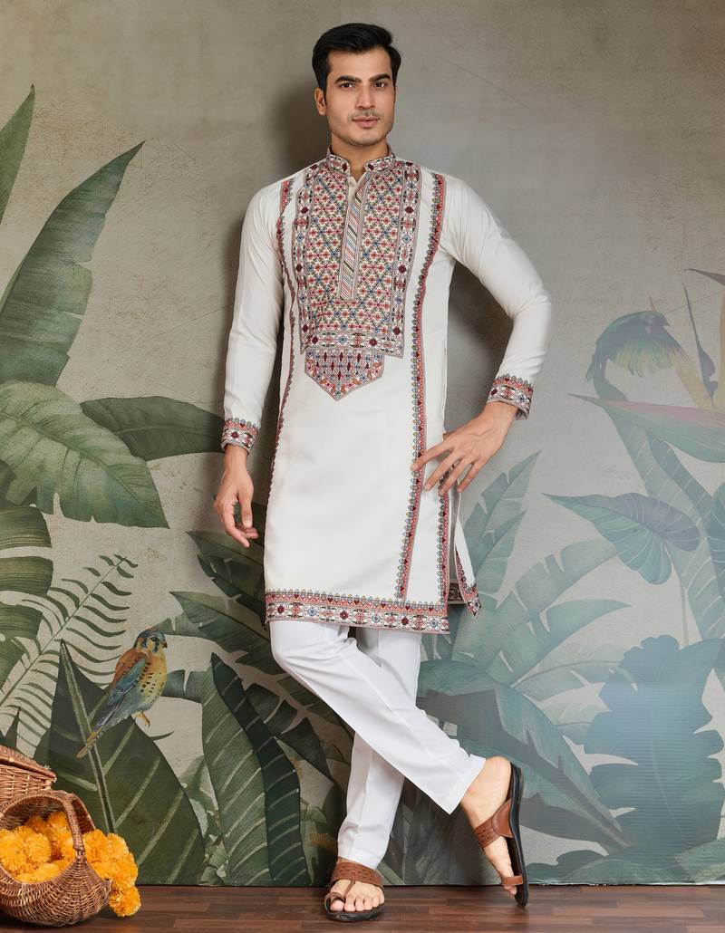 White viscose silk thead with sequins embroidered work wedding function festival party wear straight kurta