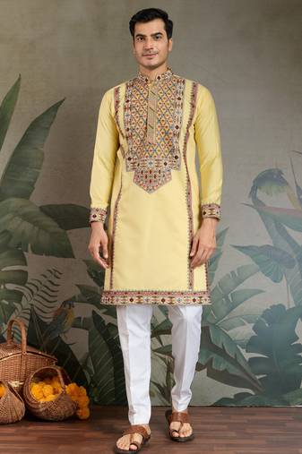 Yellow viscose silk thead with sequins embroidered work wedding function festival party wear straight kurta