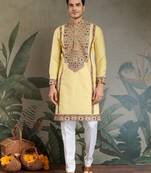Yellow viscose silk thead with sequins embroidered work wedding function festival party wear straight kurta