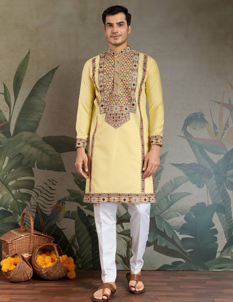 Yellow viscose silk thead with sequins embroidered work wedding function festival party wear straight kurta