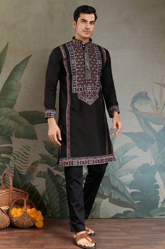 Black viscose silk thead with sequins embroidered work wedding function festival party wear straight kurta