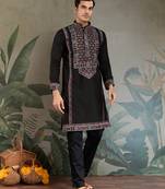 Black viscose silk thead with sequins embroidered work wedding function festival party wear straight kurta