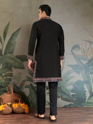 Black viscose silk thead with sequins embroidered work wedding function festival party wear straight kurta 4