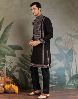 Black viscose silk thead with sequins embroidered work wedding function festival party wear straight kurta 5