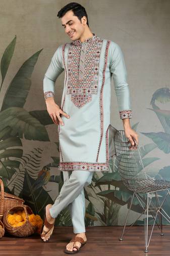 Sky blue viscose silk thead & sequins embroidered work wedding function festival party wear straight kurta with pant