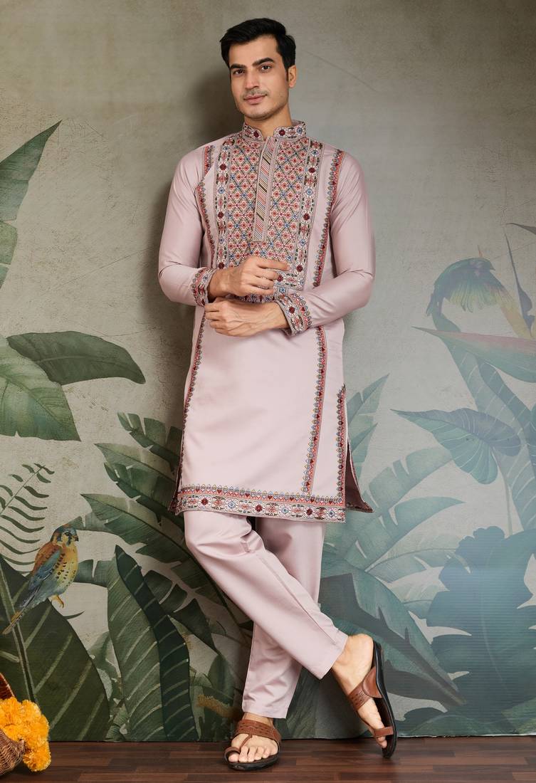 Dusty pink viscose silk thead & sequins embroidered work wedding function festival party wear straight kurta with pant