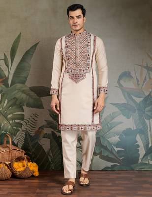 Beige viscose silk thead & sequins embroidered work wedding function festival party wear straight kurta with pant 1