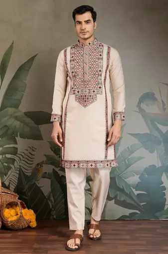 Beige viscose silk thead & sequins embroidered work wedding function festival party wear straight kurta with pant