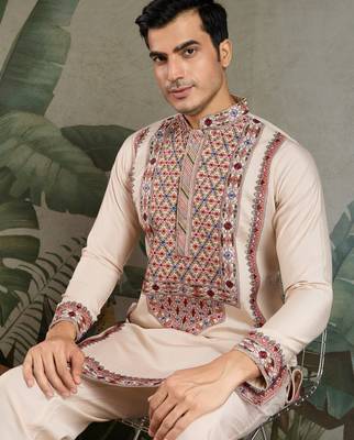 Beige viscose silk thead & sequins embroidered work wedding function festival party wear straight kurta with pant 3