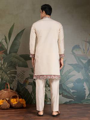 Beige viscose silk thead & sequins embroidered work wedding function festival party wear straight kurta with pant 4