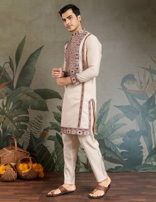 Beige viscose silk thead & sequins embroidered work wedding function festival party wear straight kurta with pant 5