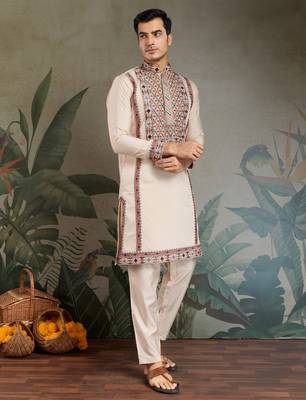 Beige viscose silk thead & sequins embroidered work wedding function festival party wear straight kurta with pant 6